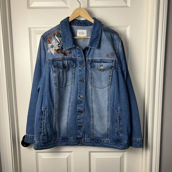 Jessica Simpson Floral Reagan Trucker Relaxed Button Up Blue Jean Jacket Size 3X - Picture 2 of 7